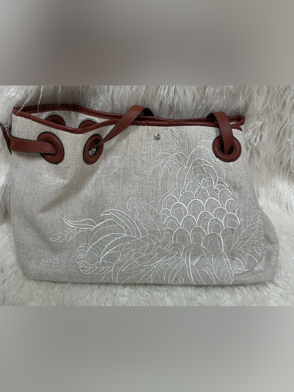 Tommy Bahama Neutral Linen Tote with Leather Trim and Pineapple Embroidery NWOT